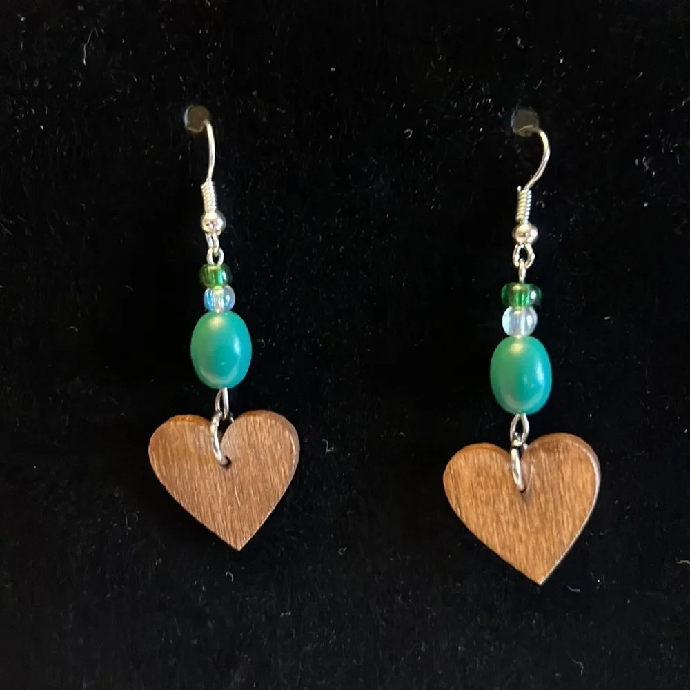 Handcrafted green & clear bead wood earrings with silver tone hardware